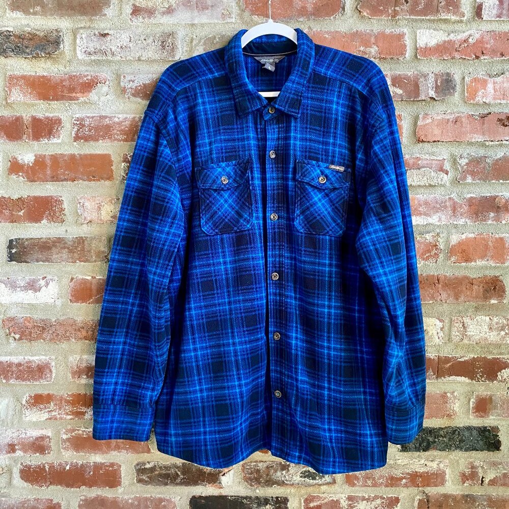 Eddie Bauer Mens Fleece Button Up Shirt, Long Sleeve, Blue/Black Plaid, Size 2XL